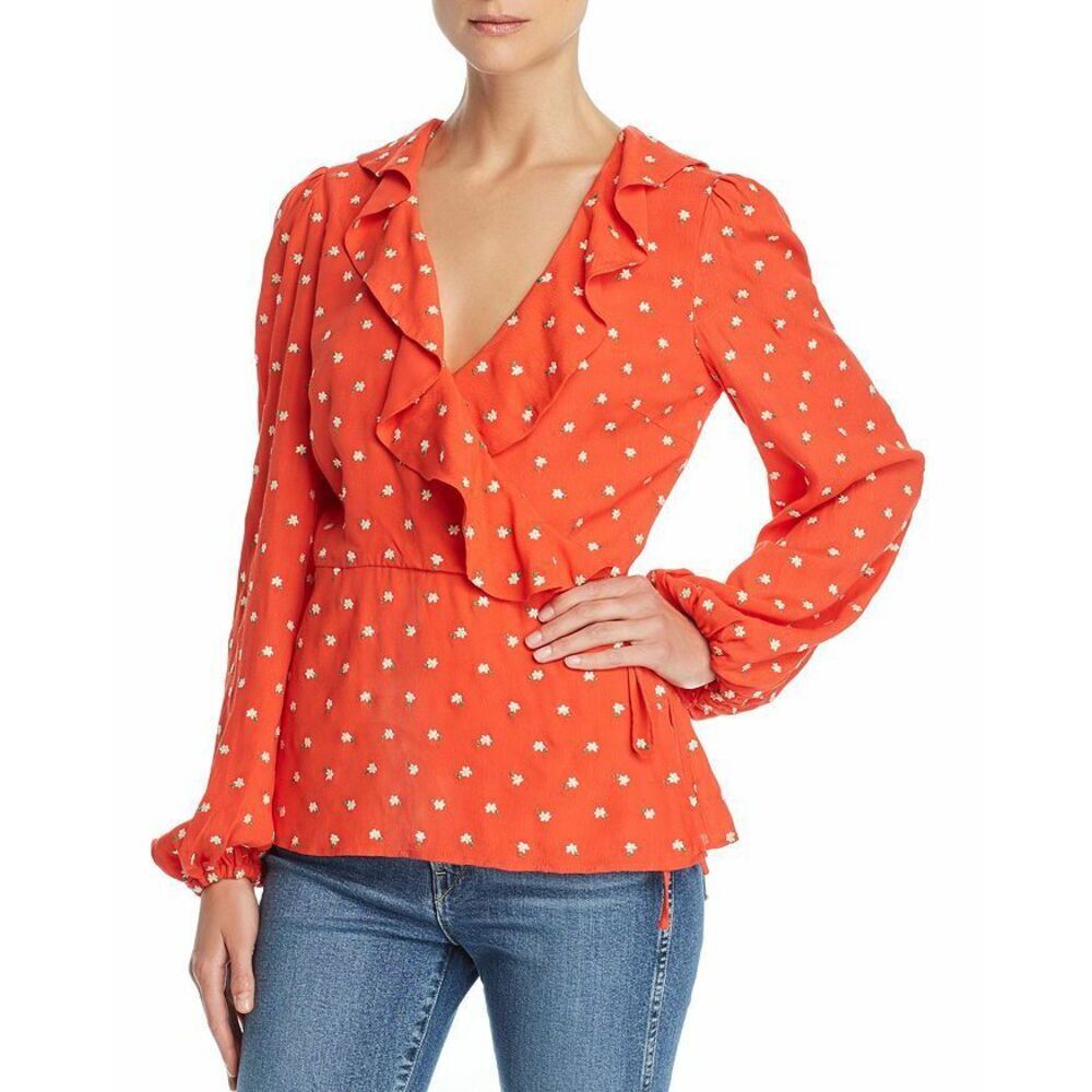 Perseverance London Women's Embroidered Crepe Wrap Top In Red Orange 12 UK $400
